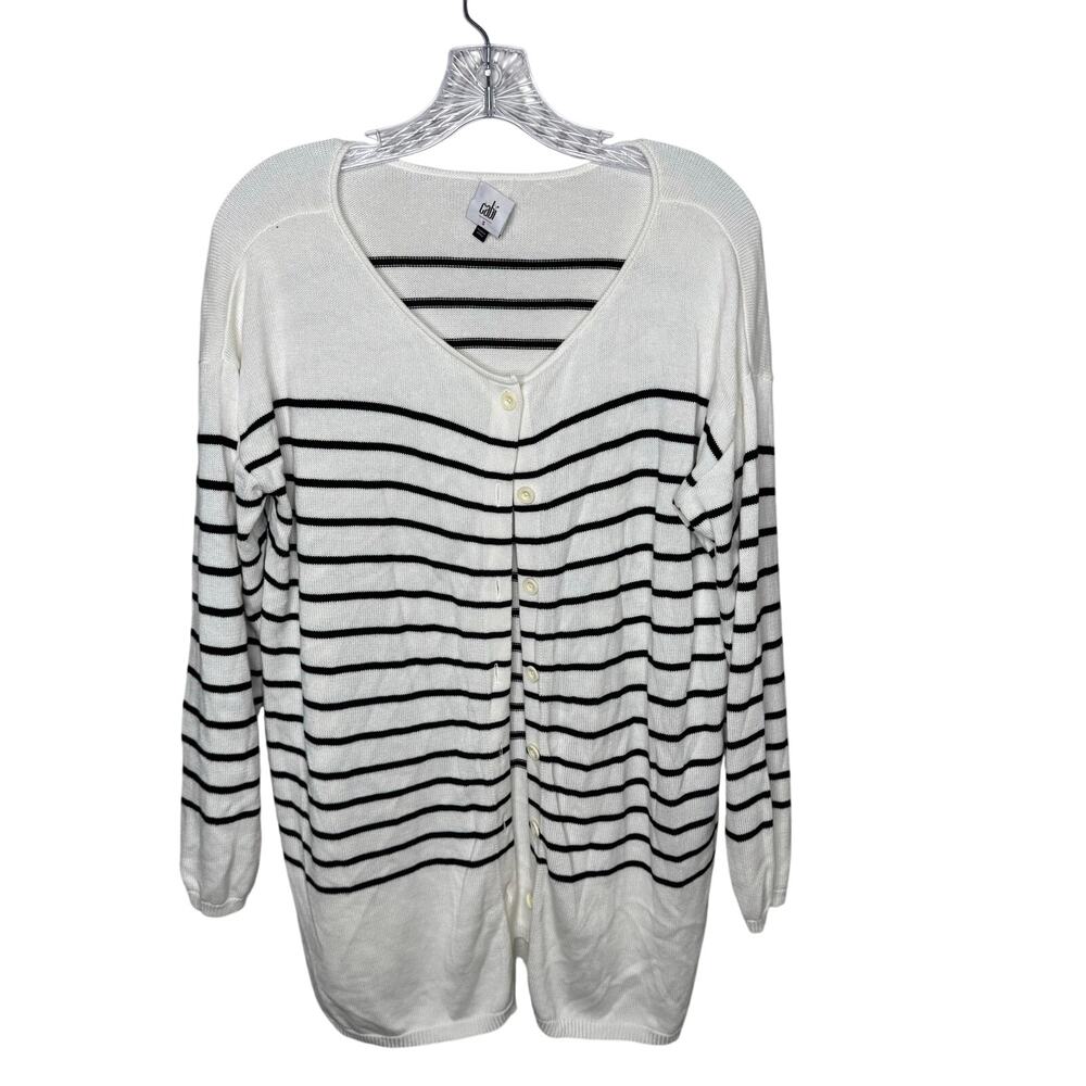 Cabi‎ Cardigan Sweater White Black Stripes Women’s Size Small Preppy Nautical